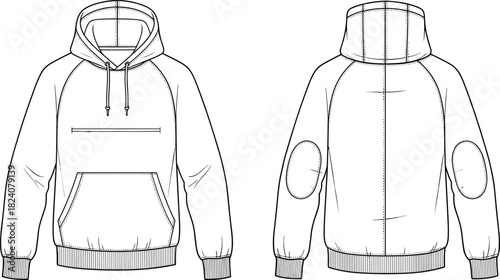Technical flat sketch of hoodie front and back view, detailed design, drawstring hood, kangaroo pocket, sewing pattern illustration template outline