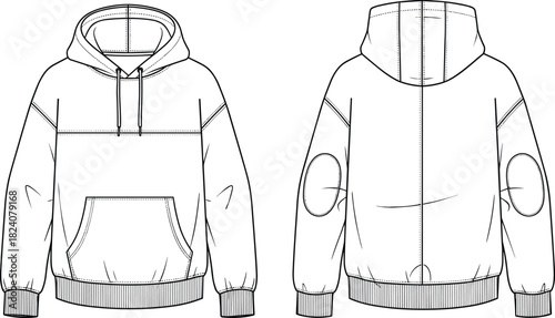 Technical hoodie sketch, front and back view, kangaroo pocket, elbow patches, drawstring hood, ribbed cuffs, apparel design illustration, template, outline
