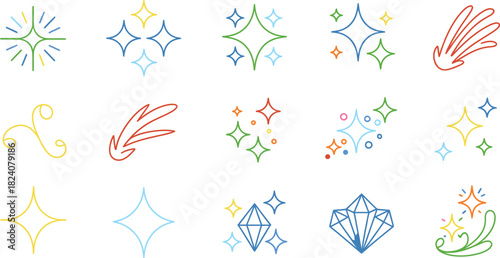 Collection of hand drawn sparkle and shine elements with pastel colors including stars diamonds and floral motifs on a white background