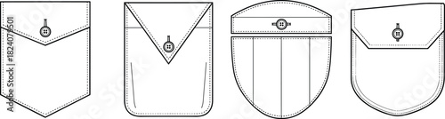 Technical shirt pocket designs flat sketch collection, vector apparel illustration templates with buttoned flaps and sewing pattern details for fashion