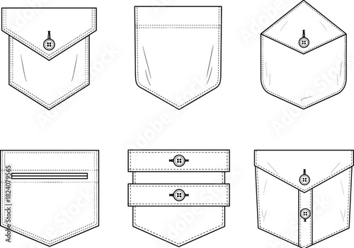 Technical shirt pocket designs flat sketch collection, vector apparel illustration templates with buttoned flaps, sewing pattern details for fashion industry