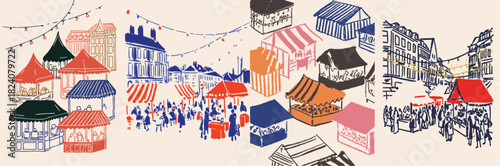 Festive christmas market illustration with hand drawn stalls, street lights and winter holiday crowds