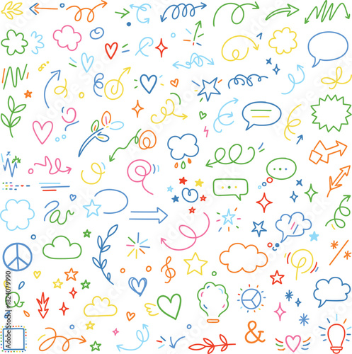 Colorful hand drawn doodle vector set including arrows speech bubbles hearts stars flowers and other elements for design and decoration projects