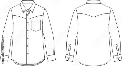 Classic western long sleeve button down shirt fashion flat sketch, front and back technical drawing, apparel design template, vector illustration