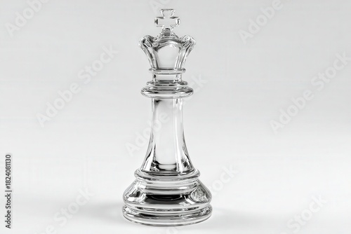 A 3D render of a glass chess king piece standing alone. Isolated on a plain white background. Concept of business strategy, leadership, and tactical thinking.