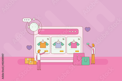 Ecommerce product update, chatbot support customers explore new arrivals, online transaction and successful checkout journey.