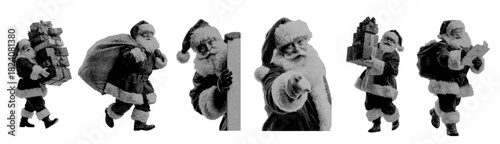 Vintage halftone Santa Claus design in festive Christmas character poses
