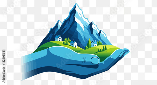 A hand holding a landscape featuring mountains, houses, trees, and a vibrant green hillside