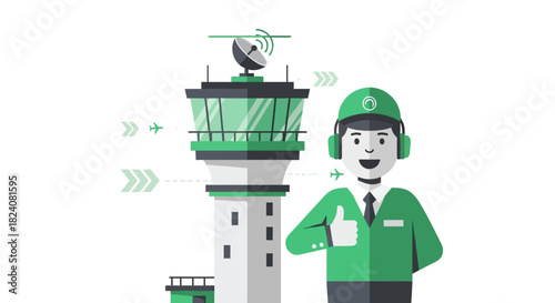 Air traffic controller giving thumbs up near airport control tower illustration