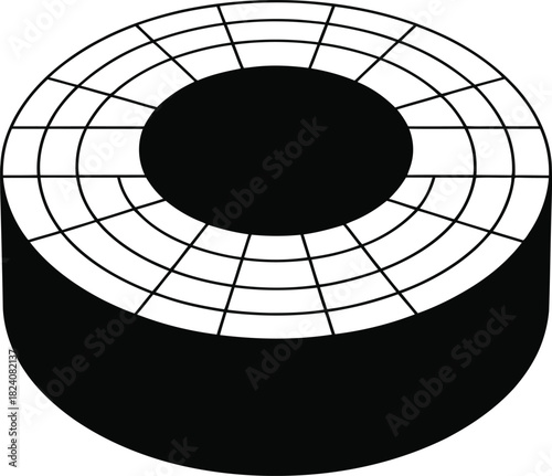Abstract cylindrical monochrome diagram with a central circle and radiating grid, symbolizing data organization, target focus, structured storage, or a simplified schematic graphic element.