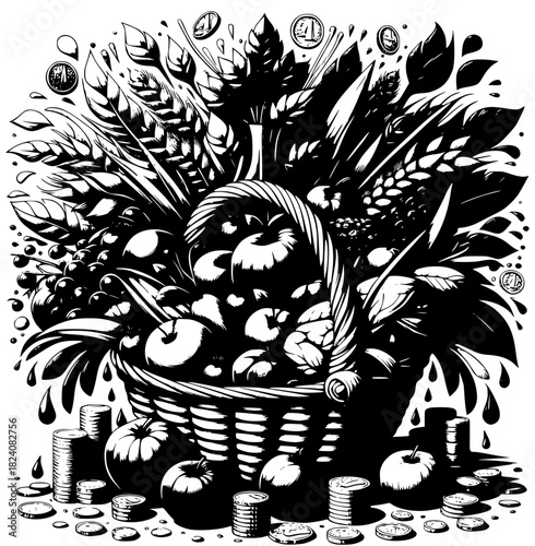 Abundance Harvest: A bountiful basket overflows with nature's gifts, showcasing an artistic arrangement of apples, wheat, and coins, celebrating the bounty of harvest season.