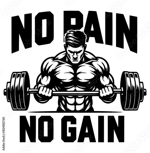 No Pain No Gain: A dedicated bodybuilder embodies the ethos of relentless pursuit in the weightlifting realm, lifting the barbell with unwavering determination.