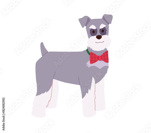 Dog wearing a checkered Bow Tie. Adorable Schnauzer puppy in a stylish Christmas outfit. Pet fashion vector illustration on white background