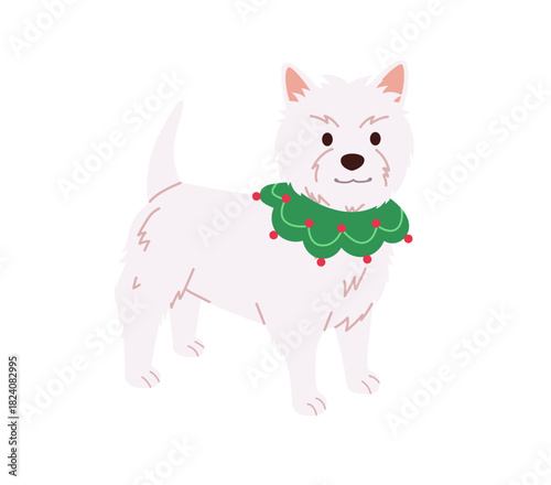 Dog wearing a Christmas accessory illustration. West Highland White Terrier puppy dressed in a green scarf with red baubles. Holiday pet vector for festive designs