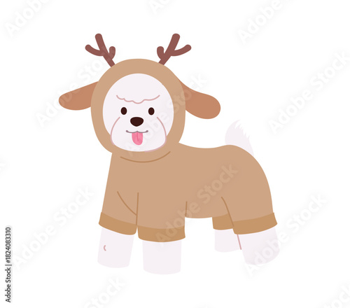 Cute Bichon Frise in flat style wearing reindeer outfit for winter holidays. Adorable Christmas dog vector illustration or seasonal cards and prints