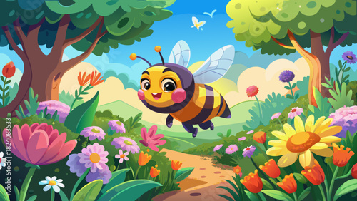 Very beautiful cheerful scene of a bumblebee buzzing over a vibrant flower bed under bright sunlight, highlighting colorful blossoms, lush greenery, and a lively, joyful outdoor atmosphere in a clean,