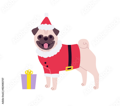 Christmas Pug vector illustration. Cheerful Dog dressed in Santa outfit isolated on white background. Playful holiday character for greeting cards, stickers and more