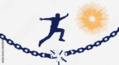 Breaking barriers: A silhouette leaps over a broken chain toward radiant freedom and opportunity
