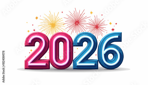 2026 neon numbers with fireworks bursts in colorful design style  