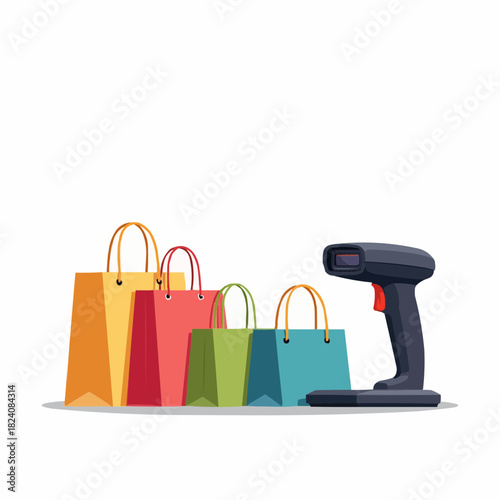 Shopping bags and barcode scanner in modern flat design style  