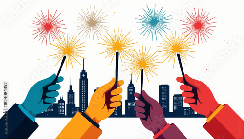 Hands holding sparklers on rooftop with city skyline and fireworks  
