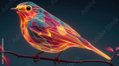 Neon bird carrying neon twig glowing with vibrant electric lines, digital wildlife illustration with glowing natural elements on dark backgrounds