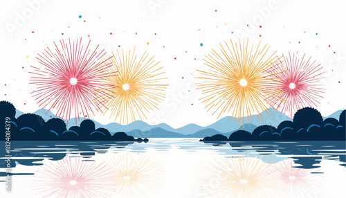 Colorful fireworks over river reflecting on water surface and mountains  