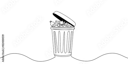 A single continuous line of trash cans full of trash, symbolizing waste management and recycling, vector illustrator