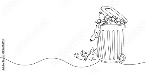 A single continuous line of trash cans full of trash, symbolizing waste management and recycling, vector illustrator