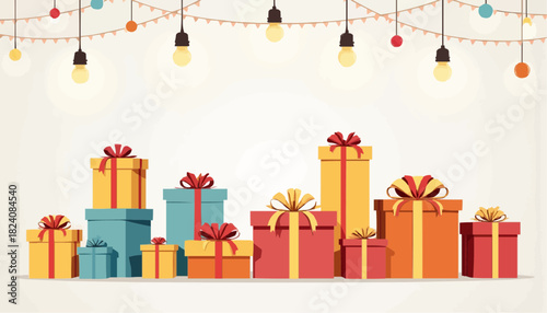 Stacked gift boxes under bright store lights for Boxing Day sale  