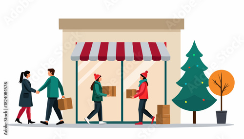 People carrying boxes outside store entrance in winter coats near a Christmas tree  
