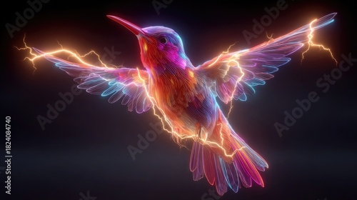 Neon bird and neon lightning bolts glowing with sharp electric lines, dynamic digital wildlife design with glowing storm-inspired neon effects