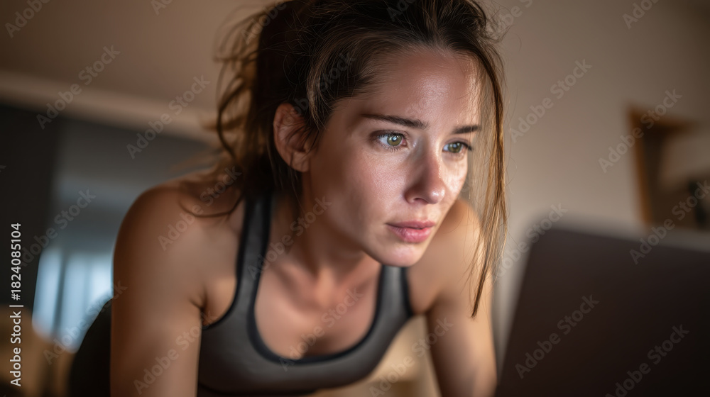 custom made wallpaper toronto digitalFit woman focused on laptop during home workout, intense concentration and soft evening light on face