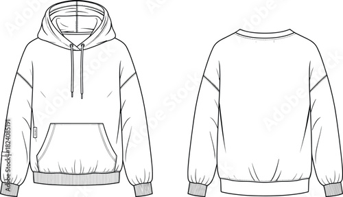 Vector hoodie technical fashion sketch, front and back garment template, clothing design outline reference illustration