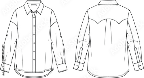 Women's long sleeve button-up shirt fashion flat sketch, front and back technical illustration design template