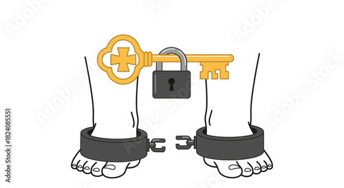 Conceptual liberation illustration: feet with shackles unlock symbol for freedom or escape