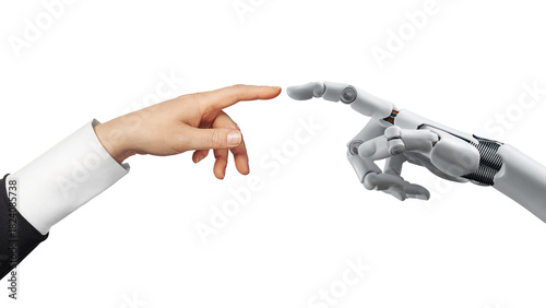 White cyborg robotic hand pointing his finger to human hand with stretched finger - cyber la creation - isolated on free PNG background.