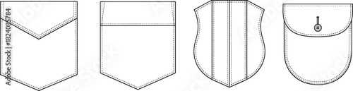 Vector fashion pocket design templates, detailed sewing pattern outlines for garment construction, apparel illustration, clothing design reference, editable technical template