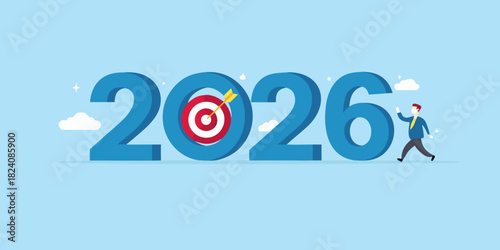 Businessman aiming for success in the year 2026 with a target