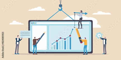 Team collaborating on a growing business chart on a large screen