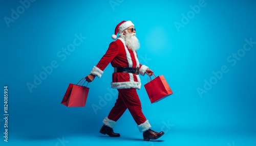 Santa Claus on a blue background returns from shopping with paper bags