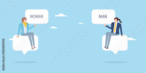Man and woman sitting on speech bubbles representing communication