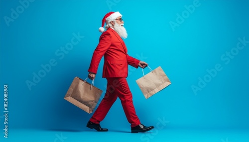 Santa Claus in a red suit against a blue background returns from shopping with paper bags
