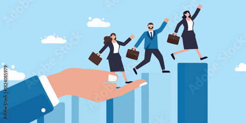 Business people climbing stairs supported by a helping hand