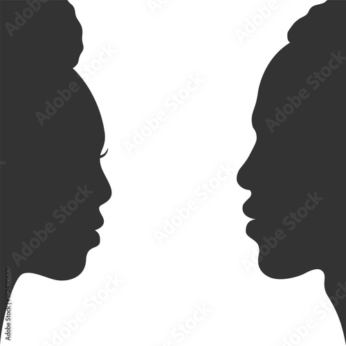 Graphic poster with silhouettes man and woman. Profiles opposite each other on white background. Blank space for text between silhouettes. Vector illustration