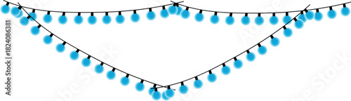 Festive blue string lights arranged in a triangle shape on white background