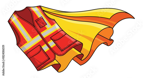 Cartoon safety vest transformed into a dynamic superhero cape signifying protection and readiness