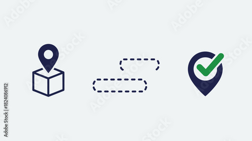 A visual representation of location tracking with a box, dotted lines, and a checkmark pinpoint icon