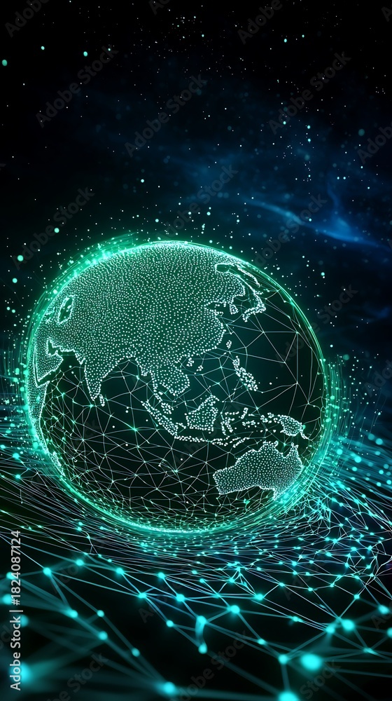 Obraz premium Digital Network Globe with Asia Visualization Future Algorithms Forecasting