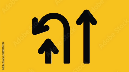 A yellow sign with three black arrows pointing up and left in a u turn shape on a solid background